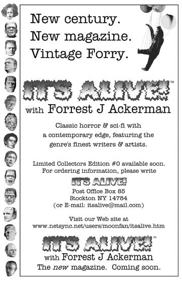 B&W reverse of promo poster for It's Alive with Forrest J Ackerman